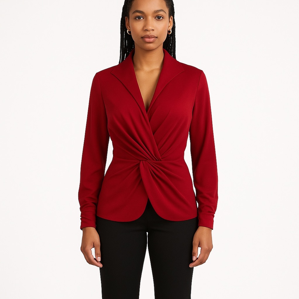 Tadashi Collection red blouse top wrap front silky stretchy material size medium